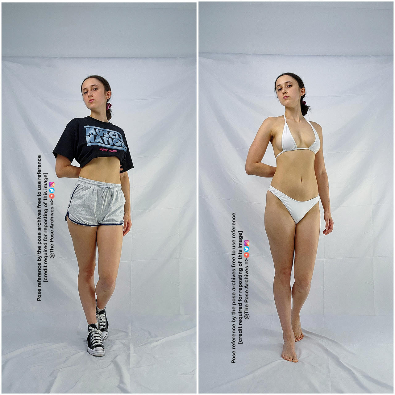 a young woman poses in two different outfits against a plain white background in a studio setting. on the left, she wears a black cropped tshirt, gray athletic shorts, and black and white sneakers. on the right, she wears a white bikini. the images are intended as pose references.