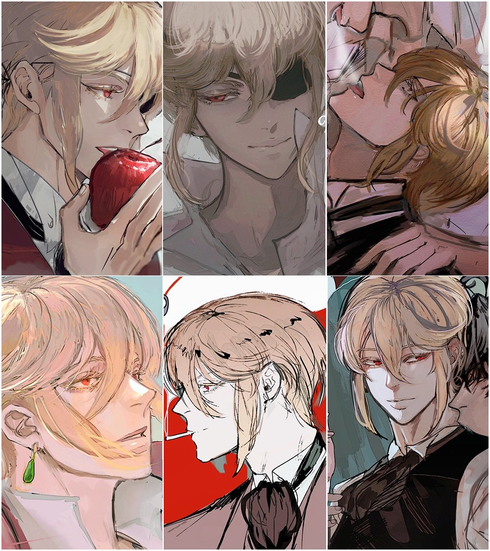 a digital collage showing six different portraits of young men with blond hair. the men are portrayed in different styles and poses. one man is holding a red apple, another has an eyepatch over his eye, one is smoking, and others are shown in a variety of poses and expressions. each portrait is made with a different color palette and style, which adds to the overall visual appeal of the collage.