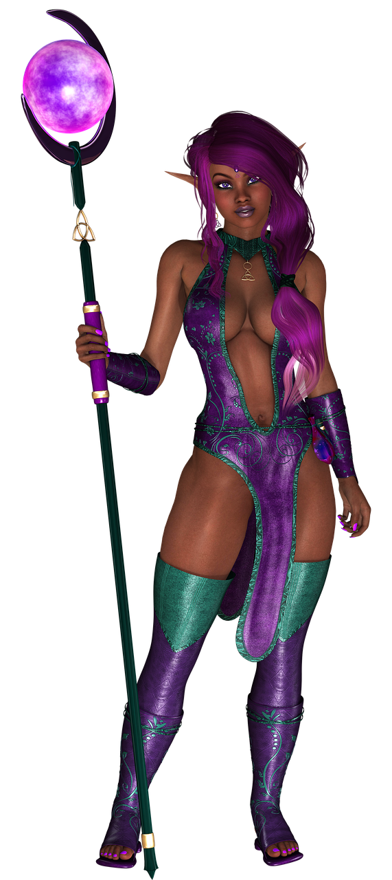 a 3d rendered image of a female elf with purple hair holding a staff with a glowing purple orb at the top. she is wearing a purple and teal dress and matching boots. the background is black.