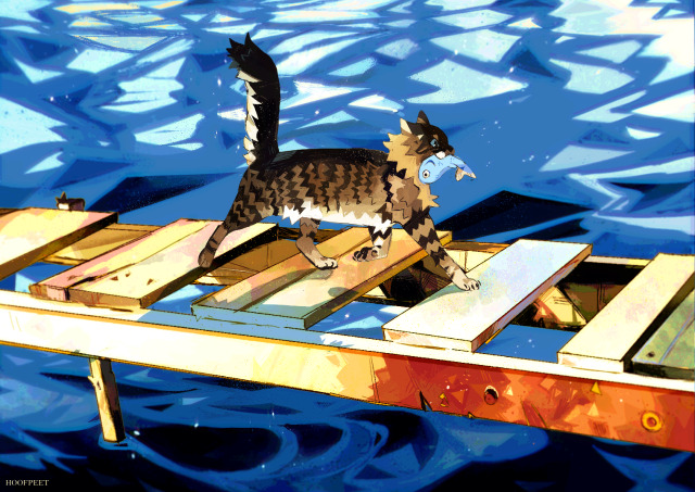 a fluffy brown tabby cat is walking on a weathered wooden pier over blue water. the cat is carrying a small blue fish in its mouth. the sunlight illuminates the scene creating bright highlights and contrasting shadows.  the overall mood is cheerful and playful.