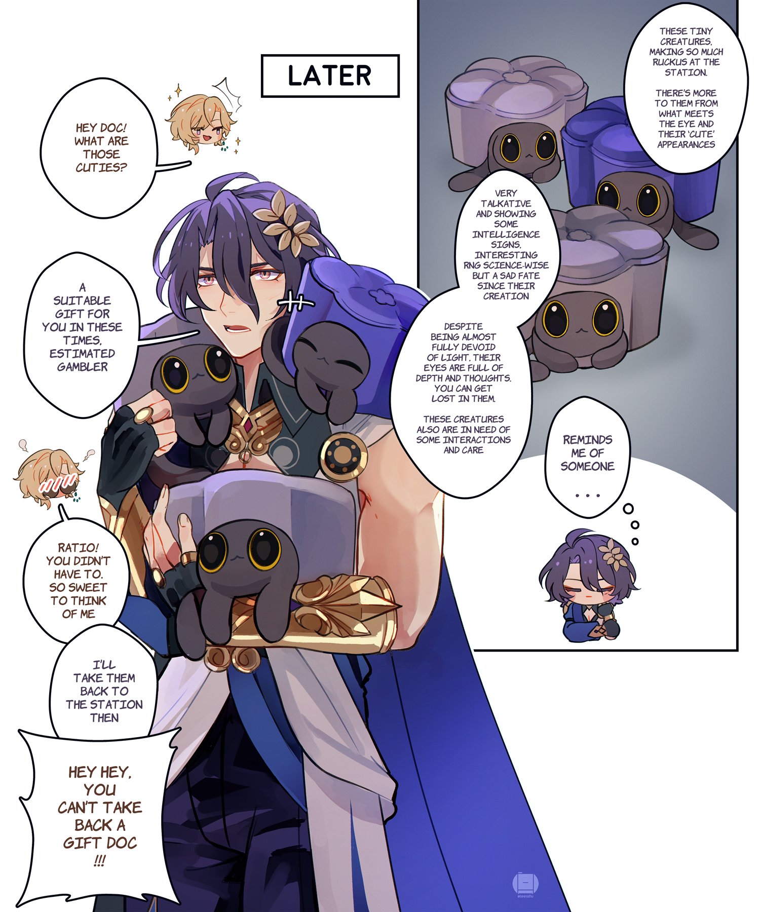 a manga panel from the game genshin impact. the traveler, a male character, is holding a box with creatures inside while talking to another male character, albedo. the box contains creatures that look like plushies, with cute and innocent eyes and mouths.