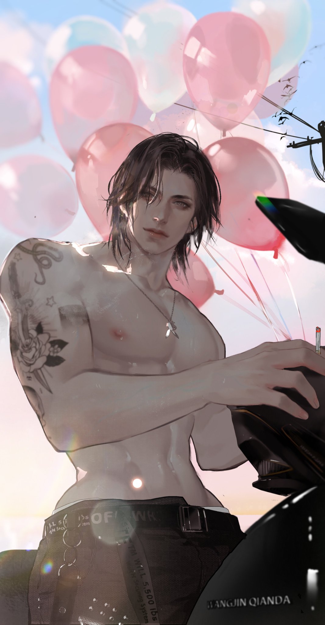 the illustration features a shirtless man with long dark hair, standing beside a motorcycle. he has tattoos on his arm and is holding a cigarette. multiple pink balloons float in the background against a blue sky with clouds, suggesting a sunny day. the scene is a closeup with a focus on the man's upper body.