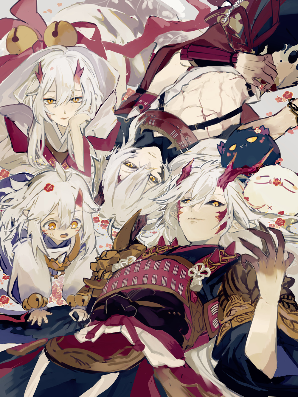 this image depicts a group of anime characters, with a strong japanese aesthetic and a sense of fantasy. the characters appear to be yokai, or supernatural creatures from japanese mythology, with distinctive features like white hair, red eyes, and animalistic traits. they are dressed in elaborate kimonos and armor, and some carry swords. one character appears to be a foxlike kitsune, another is possibly a cat spirit, and one is a warrior. the overall atmosphere is playful and enchanting, with a touch of danger. the image is digitally painted in a vibrant style, using bold colors and intricate details.