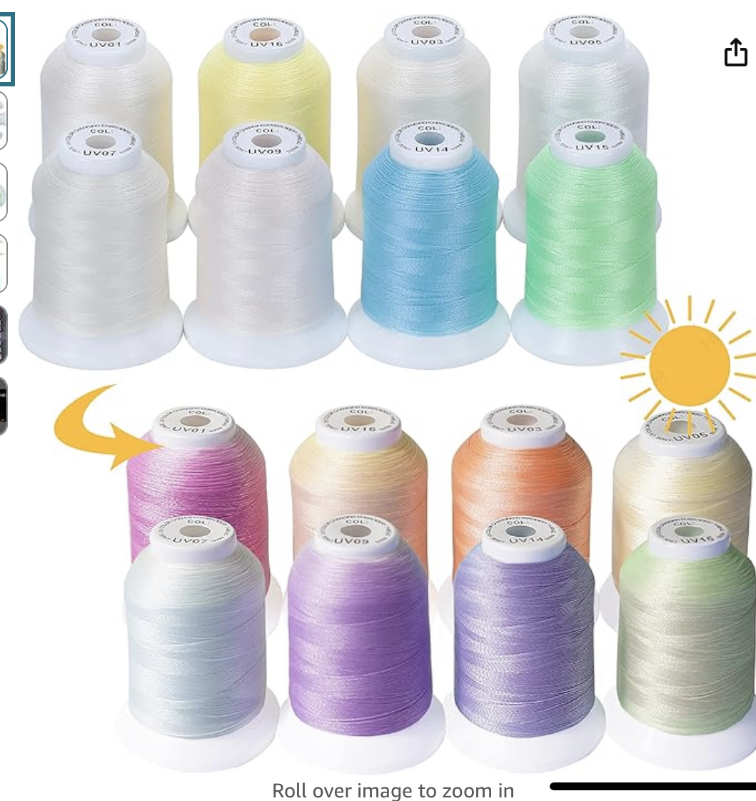 this image shows two rows of colorful thread spools. the spools are arranged in a rainbow pattern. the first row includes threads in white, yellow, light green, baby blue, and light pink. the second row includes threads in pink, light orange, light green, and light purple. the image is likely a product shot for a company that sells embroidery and sewing threads.