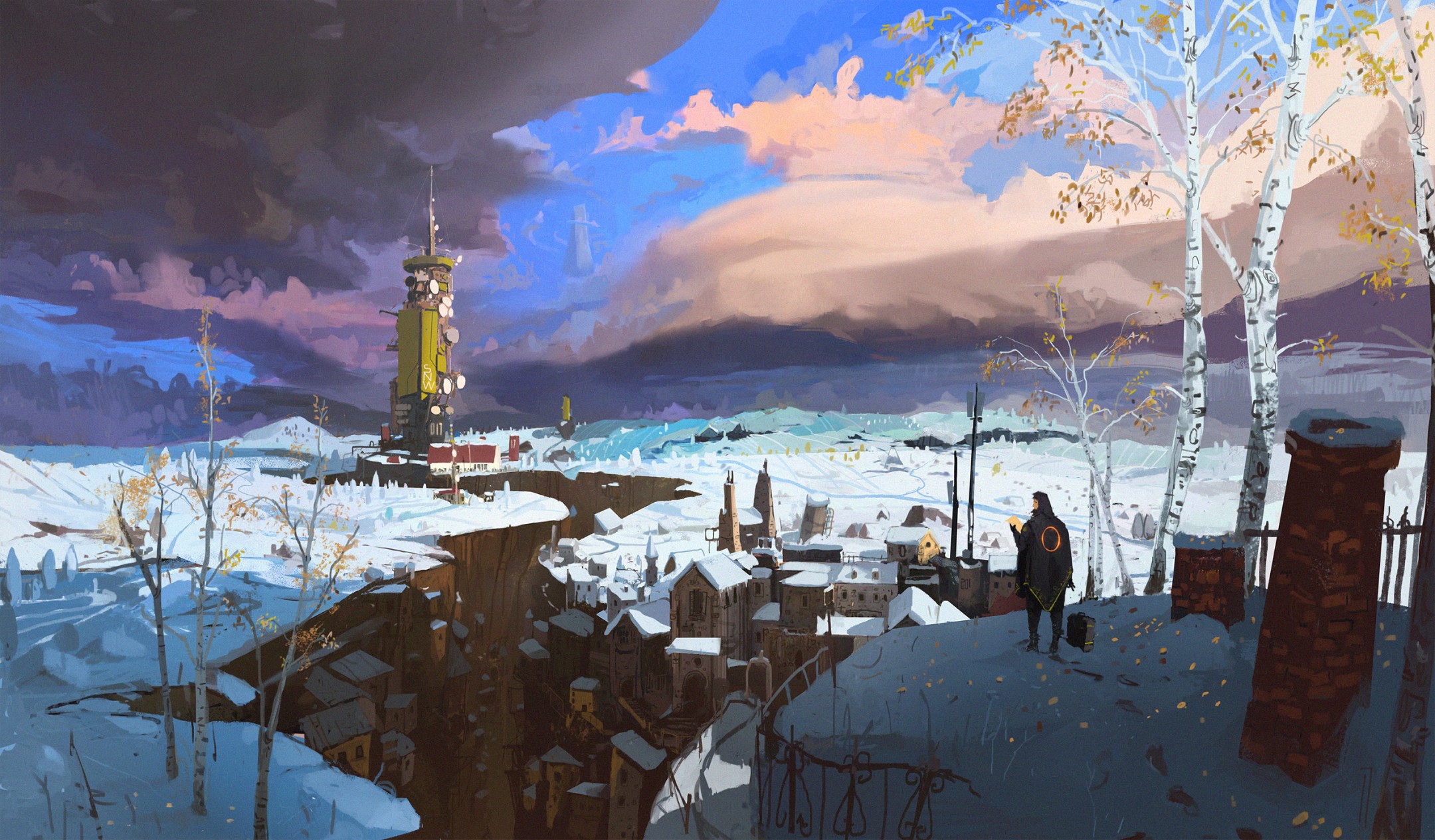 the painting shows a traveler overlooking a snowy village built on the edge of a cliff. there's a tall radio tower in the distance, juxtaposing the medieval architecture of the village. a path covered in snow leads from the traveler's vantage point down towards the village. the sky is a mixture of clouds, some dark and some illuminated by the setting sun. birch trees grow on the cliff edge, their white bark standing out against the snow. the overall atmosphere is one of quiet beauty and mystery.