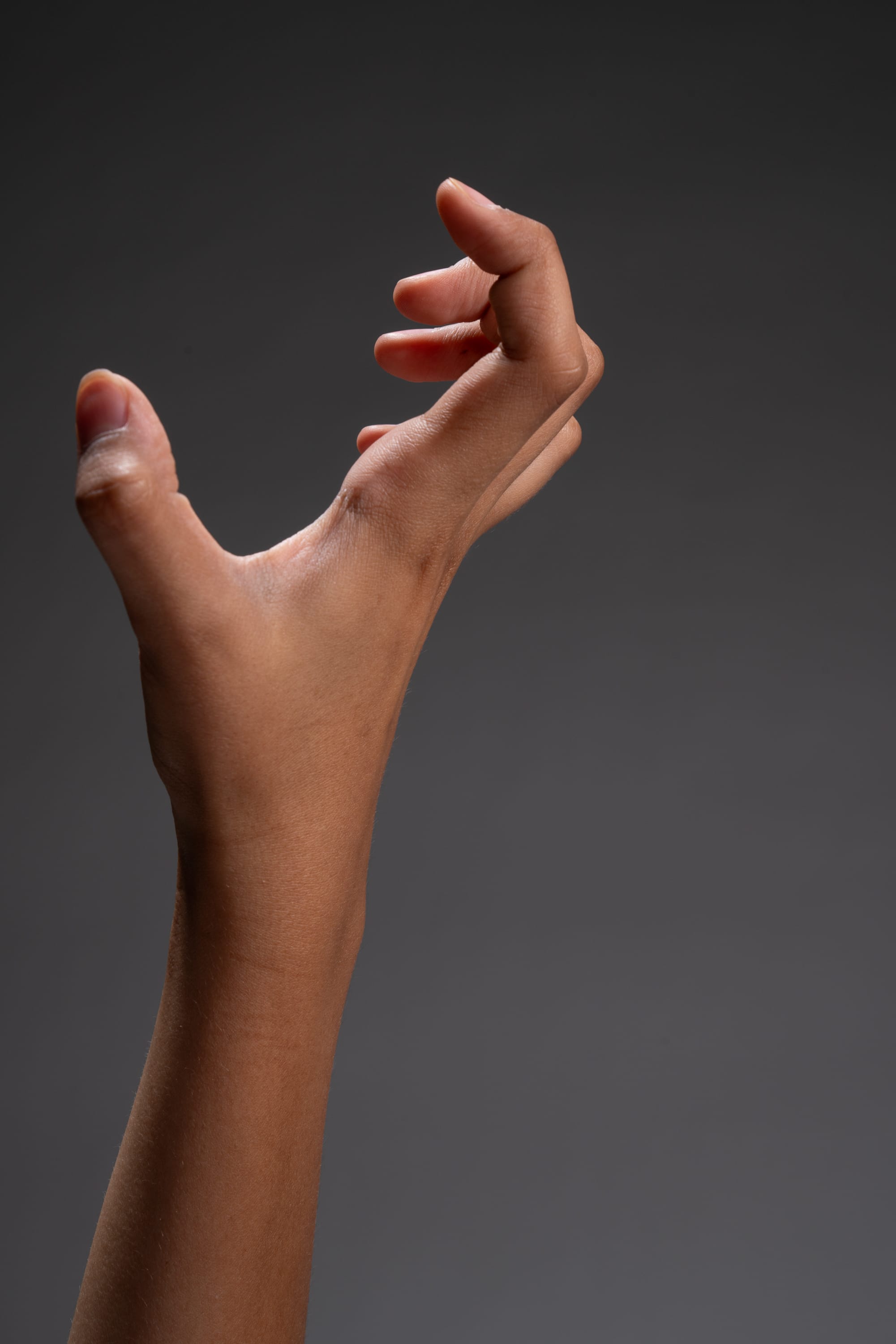 a closeup side view of an arm and hand reaching up with curled fingers. the image is set against a plain grey background and looks to be lit with professional studio lighting.