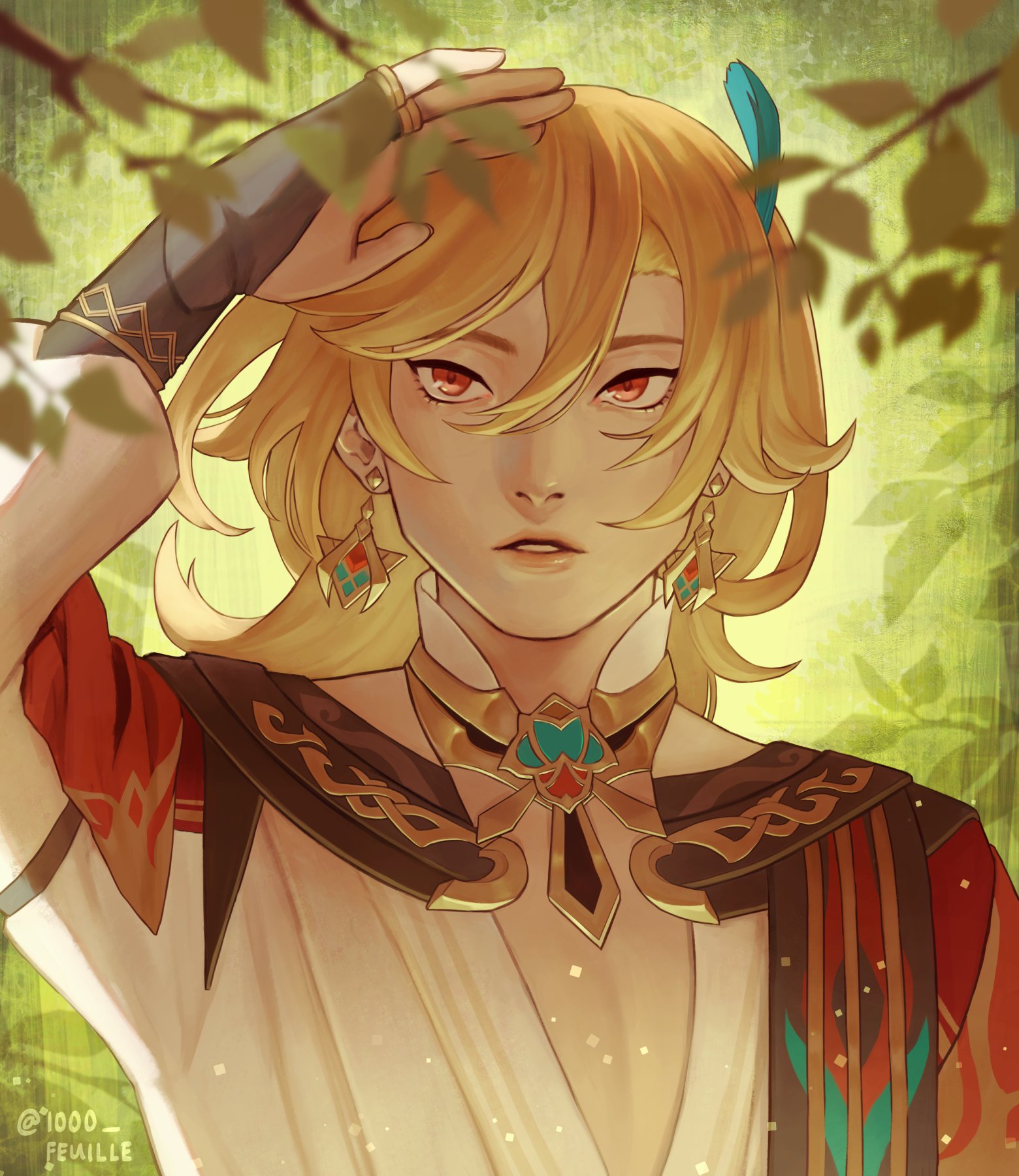 this is a digital painting of an anime character. he has long blond hair with blue feathers in it, he is wearing a white and gold outfit with red accents and a black neckless with green and red gems. he has red and blue eyes and is posing with one hand up to his forehead. he is standing in a forest with green leaves in the background.