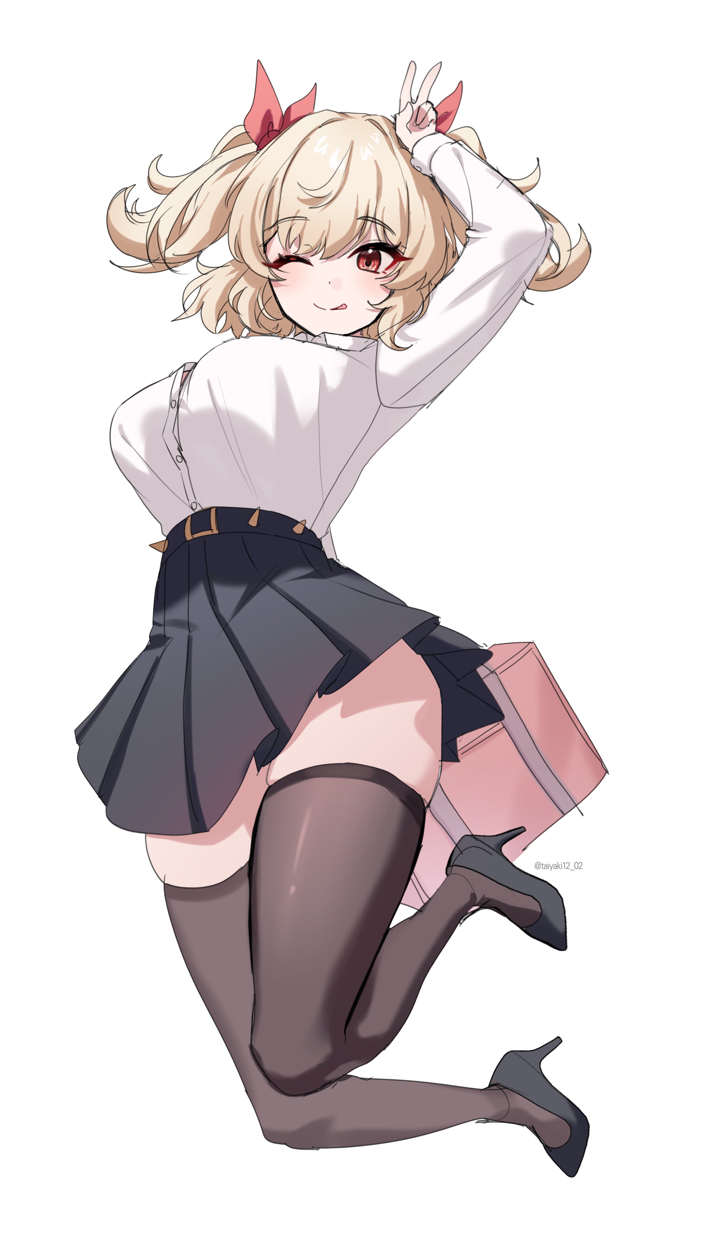 the image is a digital illustration of a young animestyle girl with blonde hair styled in twintails adorned with red ribbons. she's wearing a white, loose buttonup shirt, a dark gray pleated miniskirt, dark stockings, and high heels.  she's in a dynamic pose, leaping in the air with one hand raised in a peace sign. she appears cheerful and playful. she's holding a light pink box, possibly a gift, near her leg. the art style is clean and polished, characteristic of modern anime illustration. the overall aesthetic is cute and lively.