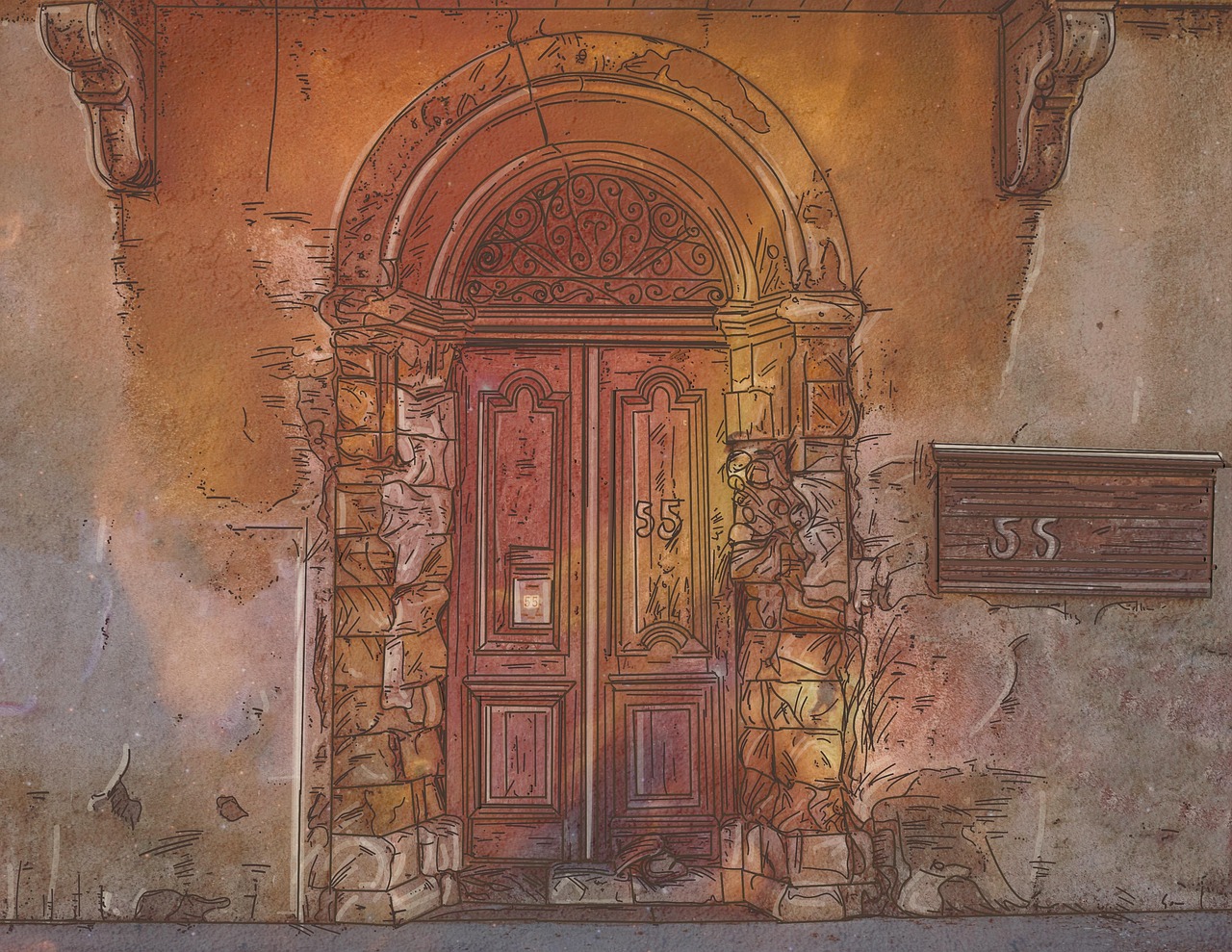 a sketchlike illustration of a building's entrance, featuring a prominent arched doorway with the number 55 displayed on both the door and a mailbox to the right. the building's facade is made of weathered stone and brick, with a textured, vintage aesthetic. the artwork has an artistic, handdrawn quality with noticeable line work and shading.