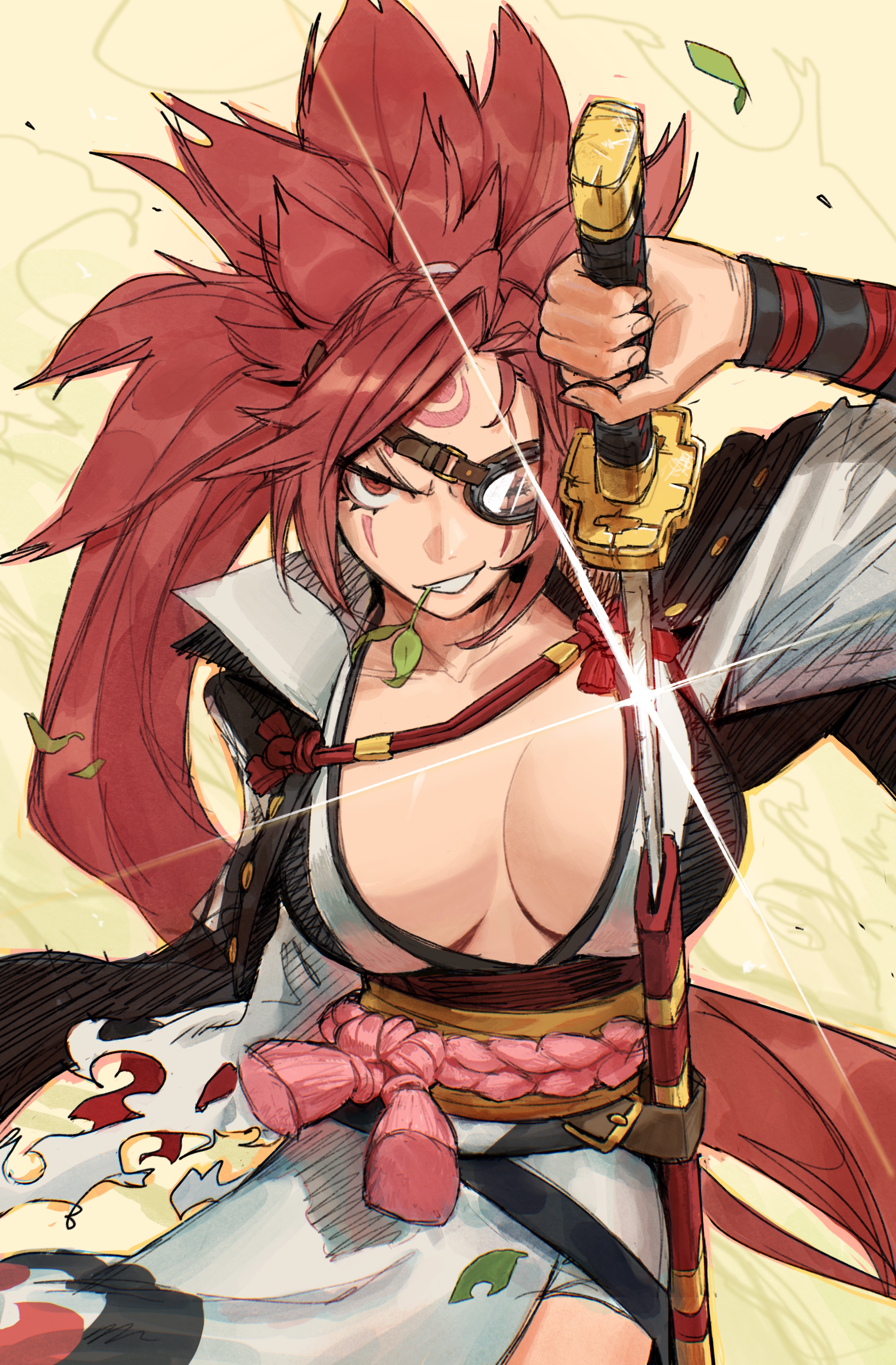 the image is a vibrant digital artwork depicting a female animestyle samurai. she has bright red, spiky hair, an eyepatch covering her left eye, and is wearing a partially open kimonostyle top revealing significant cleavage. she holds a katana with a gold hilt,  her grip indicating fierce determination. the art style is dynamic, with a focus on action and movement, complemented by bright, contrasting colors and a loose, expressive linework. the background is a soft yellow with hints of green, contrasting with the bold character in the foreground. the overall mood is one of power and confidence.