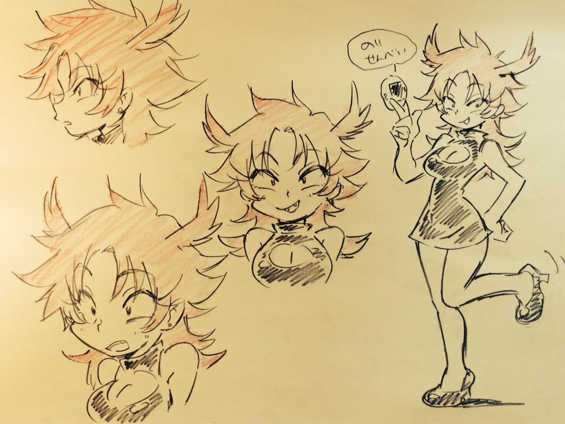 a series of anime style drawings of a young woman with horns. she has long, wavy hair and is wearing a short, black dress. in one of the drawings, she is holding a small, round object. the drawings are done in a sketchy style with pencil and colored pencils.