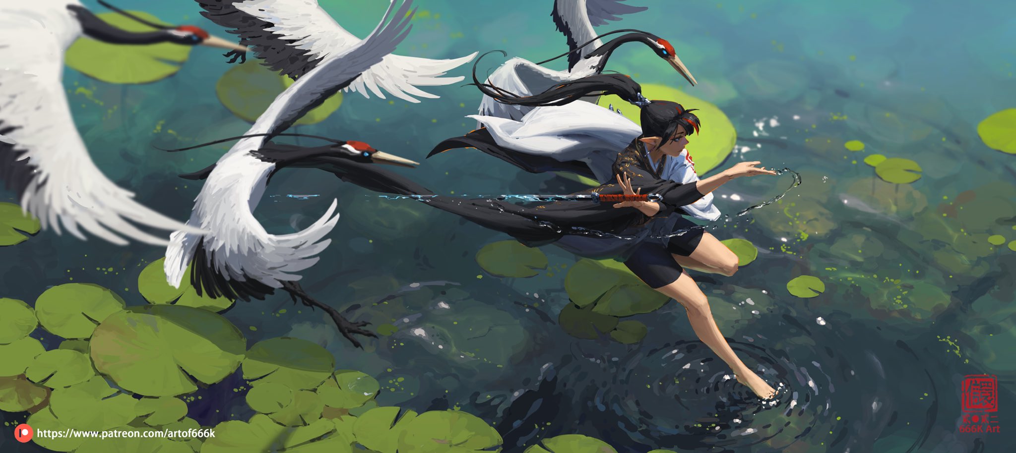 the image is a digital painting depicting a young woman, possibly an anime or fantasy character, wading through a serene pond or lake filled with lily pads. she's wearing a flowing white and black robe and black shorts, and appears to be holding a katana (or similar type of sword).  three redcrowned cranes, symbolic of longevity and good fortune in east asian cultures, are flying and swimming around her. the overall aesthetic is calm and mystical, with a blend of traditional asian art styles and fantasy elements. the scene is bathed in soft, natural light, suggesting a sunny day.  the artist's signature is visible in a stylized stamp in the bottom right corner. the flowing water and movement of the cranes and girl's clothing contribute to a sense of dynamism and grace.
