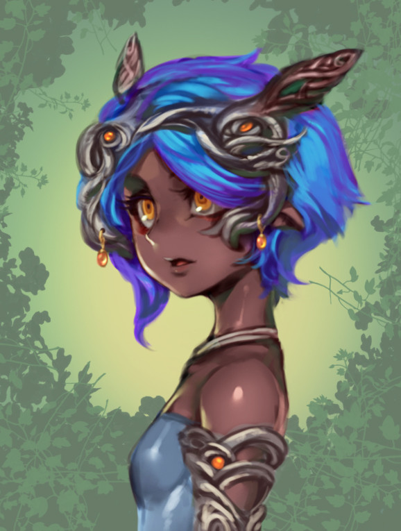 a fantasy anime girl with blue hair and brown skin wears a large ornate headband with a detailed design. she looks off to the side, and her expression is soft and kind. the background has green leaves and a blurry forest scene.
