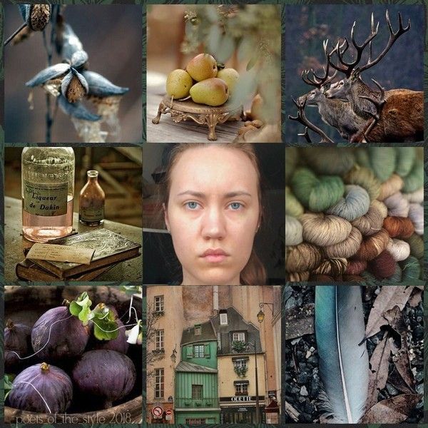 this image is a collage consisting of nine different photographs.  it has a variety of colors and textures.  the images are arranged in a grid pattern.  the top left corner shows a closeup of a plant with dried brown pods and green leaves.  the top middle shows a small grouping of pears on a metal dish.  the top right corner shows a  deer in the forest. the center left shows a vintage liquor bottle and an old book on a wood table.  the center middle shows a woman looking at the camera with a neutral expression on her face.  the center right shows a variety of wool yarn balls in different colors and shades. the bottom left shows a collection of figs in a basket.  the bottom middle shows an exterior of a vintage european style building with green windows and doors. the bottom right corner shows a blue feather lying on a bed of small rocks and leaves.