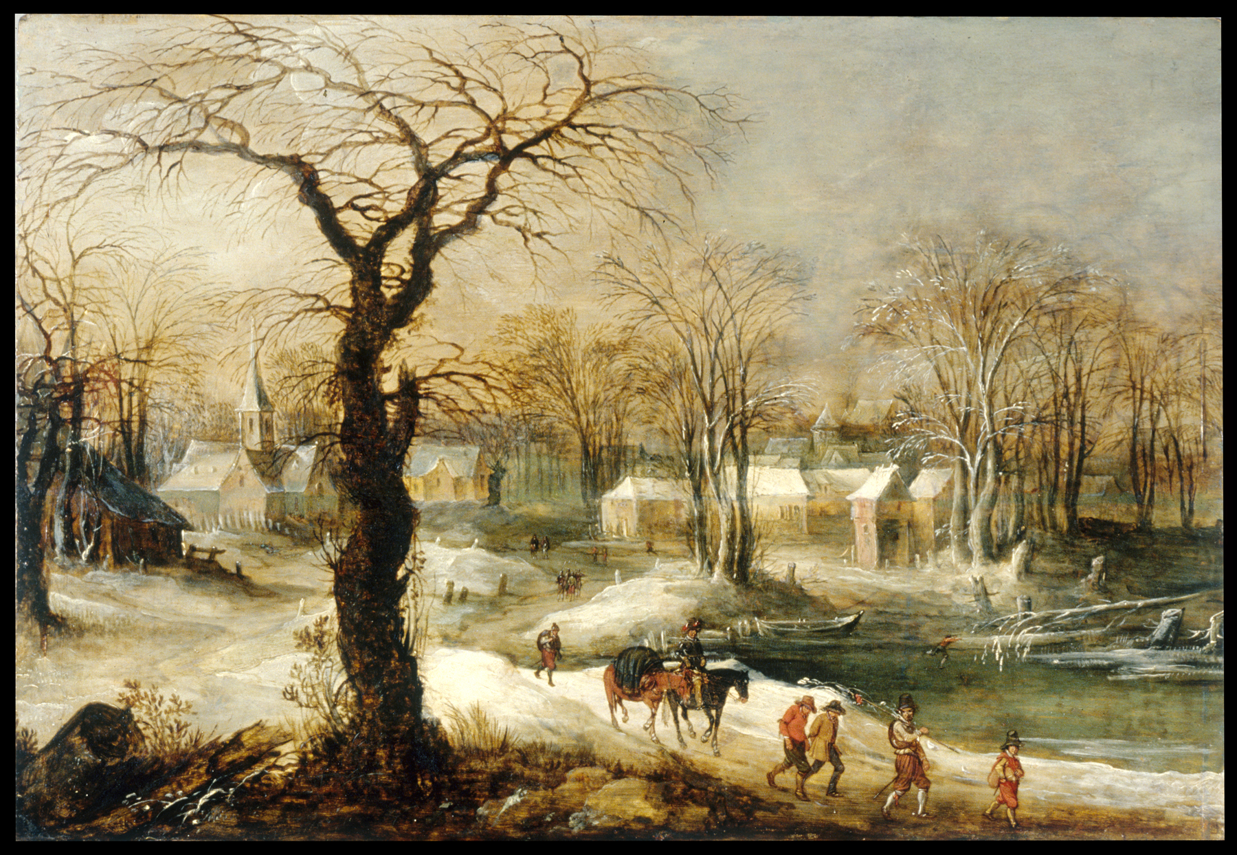this is a painting depicting a winter landscape in a village covered in snow. there are several bare trees in the foreground and middle ground. figures of people are seen walking along the edge of a frozen river, some on foot and one on horseback. in the background, there are houses, buildings, and a church with a tall spire, all covered in snow. the overall tone of the painting is cold and muted, suggesting a wintry day.