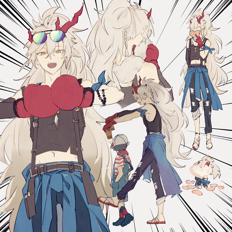 the image features five anime male characters. one in the center wearing a black shirt, red heart, and blue pants with a red horn on his forehead, with white hair. another in the background with white hair and a red horn on his forehead wearing a red shirt and blue pants, holding a red heart.  another in the background is wearing a white shirt with red trim and blue pants. the one in the background wearing a black shirt with red trim and blue pants, holding a red heart. the last one is wearing a white shirt and blue jeans.