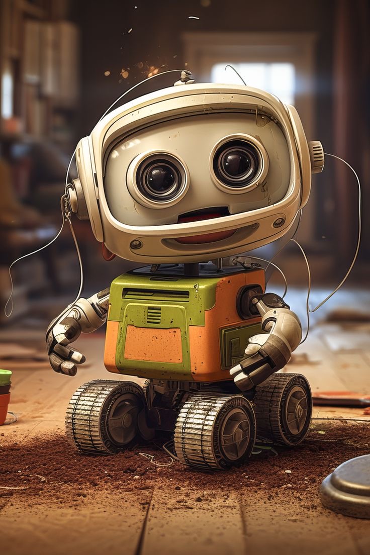 a cute, cartoonlike robot with big eyes and a friendly expression sits on a dusty wooden floor. the robot is white, green, and orange, with metal wheels. it's a toy robot, likely from an animated film or television show.  the robot is in a workshop setting, surrounded by dust and sawdust.  its big eyes and playful posture suggest a friendly and curious personality.