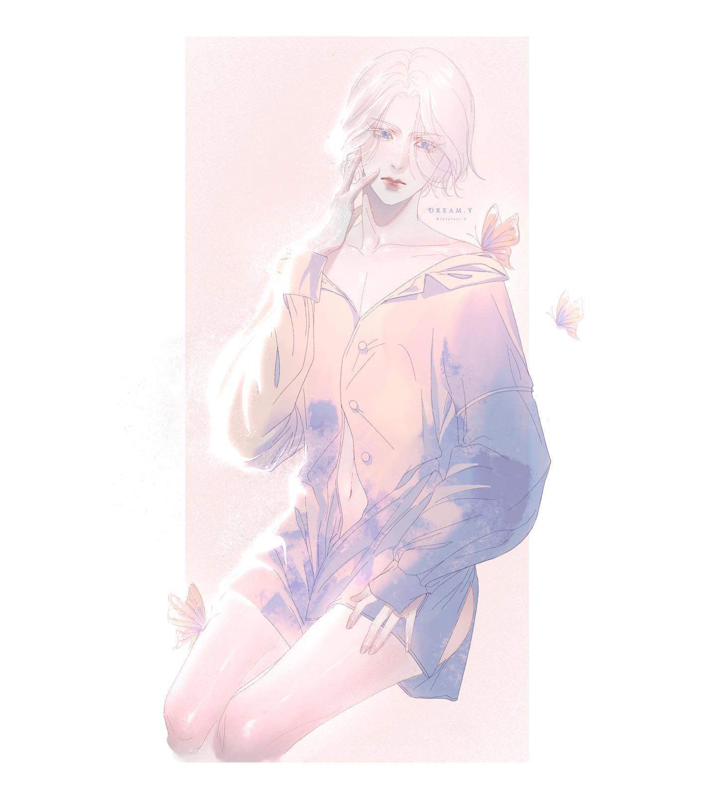 the image showcases a delicate, ethereal illustration of a feminine character.  the character is depicted in a loosefitting, partially unbuttoned shirt, striking a graceful pose. the color palette utilizes soft pastels, further enhancing the dreamy ambiance. butterflies flutter around the character, contributing to the overall air of elegance and beauty. the lighting is soft and diffused, with a subtle backlight that creates an ethereal glow around the character's figure.