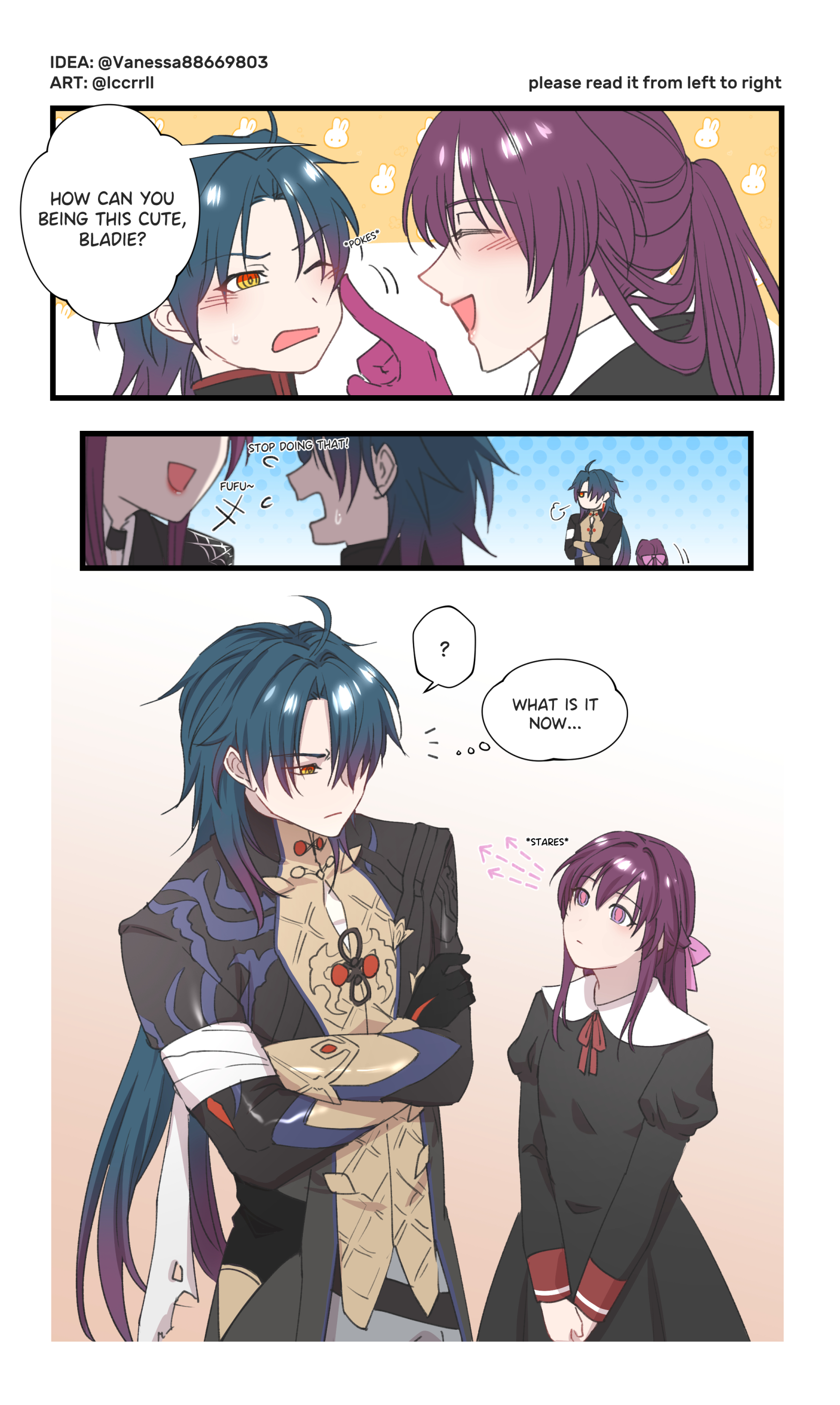 the image is a digital art depicting a scene from an anime or manga, featuring three characters. on the left side is a young man with blue hair, dressed in black and blue clothing with a gold sash. he's looking at a young girl with purple hair, wearing a black dress with a white collar, who is blushing and looking away. on the right is another young woman with purple hair, with an expression of amazement on her face, looking at the first young man. there are text bubbles above their heads, conveying their thoughts and feelings. the scene is filled with blush and cute expressions.
