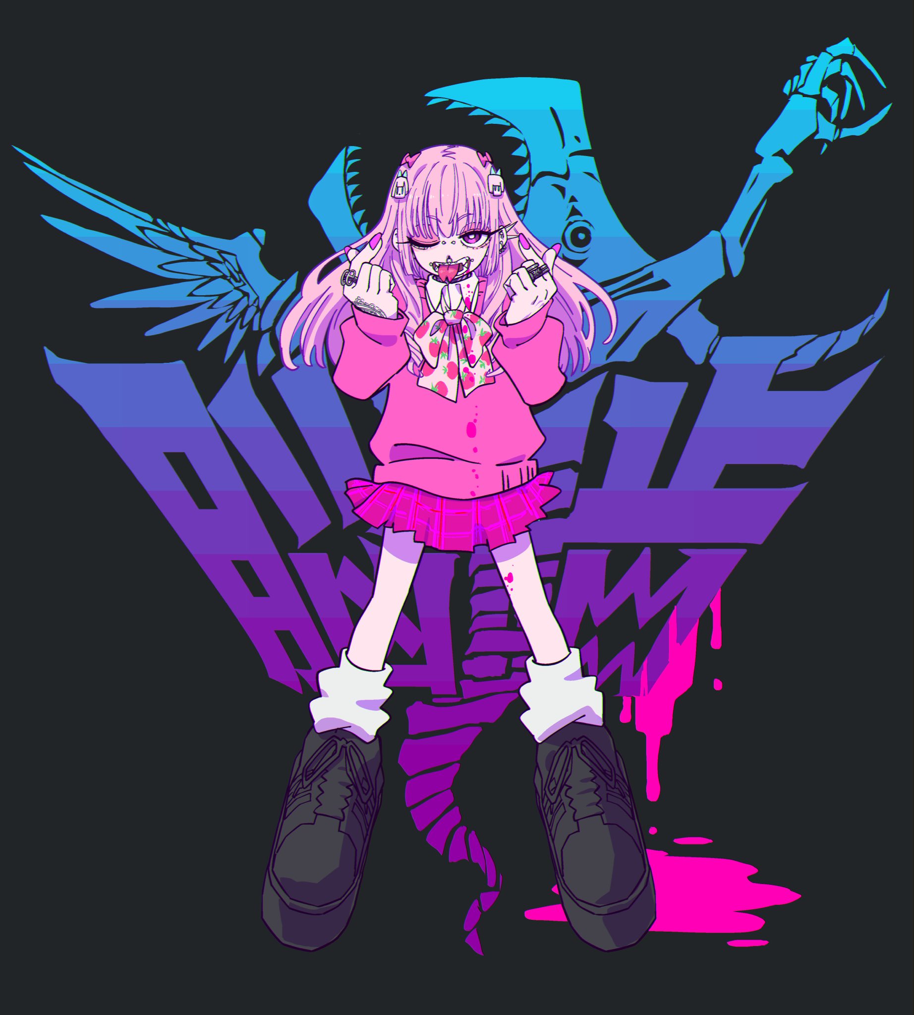 an anime girl in a punk/goth style outfit stands in front of a gradient word and monster design. she is sticking out her tongue and making a peace sign with both hands. she has pink hair and is wearing a pink sweater, a white buttondown with a strawberry on it, a plaid pink skirt, white thigh highs, and black platform boots. her eyes are a glowing pink, and there appears to be blood around her mouth. the word behind her says "bloody bunny" in a graffitilike font, with a color gradient going from blue to purple to pink. behind the word is a monstrous skeletal figure with large wings and sharp teeth.
