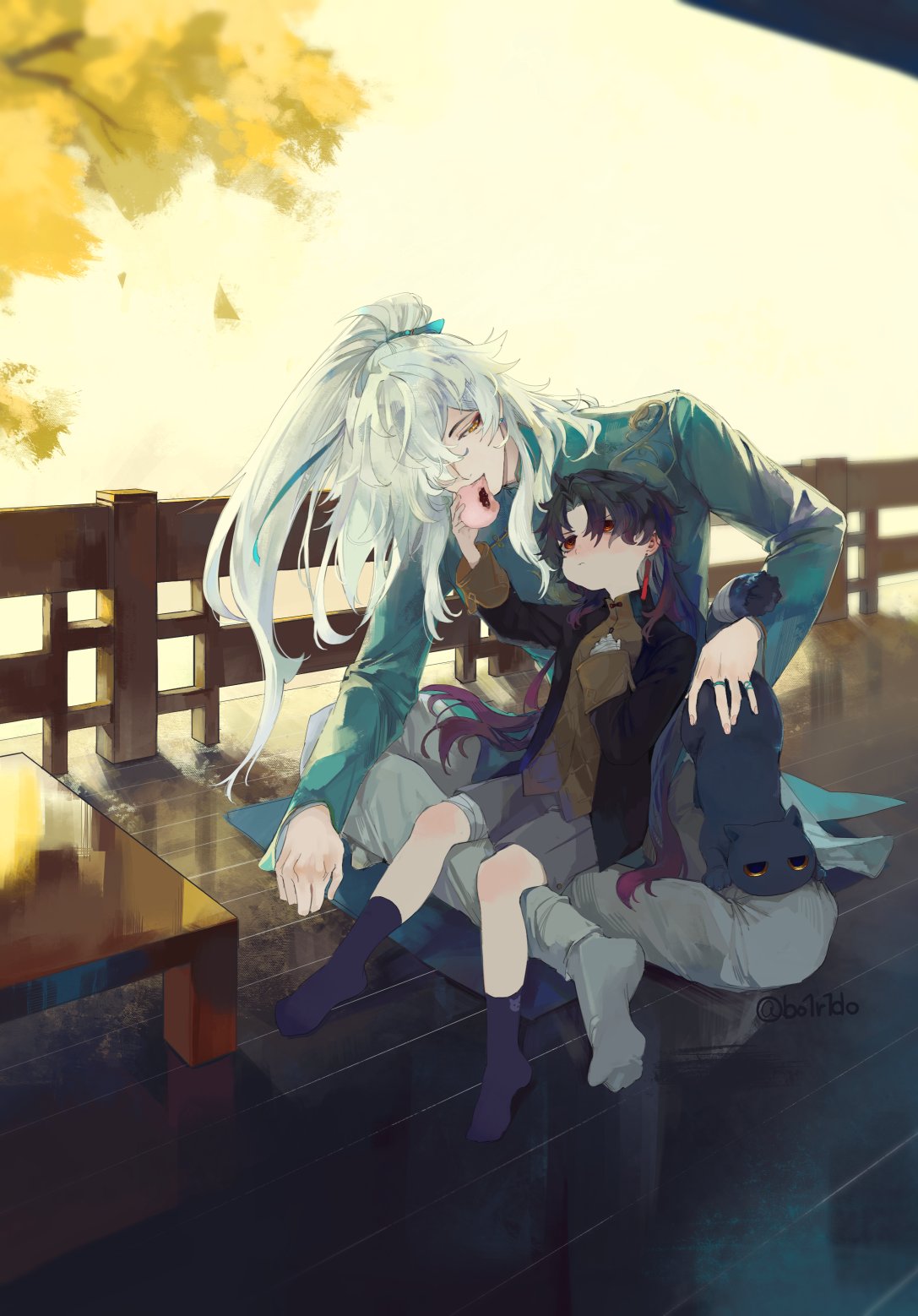 the image depicts a romantic scene of an anime couple, a male and female, embracing in a serene garden setting. they are seated together on a bench, the male with his arm gently around the female, while she rests her head on his shoulder. the female looks up at the male with adoration, her eyes reflecting love. they are both dressed in elegant attire, with the male in a light blue and green outfit and the female in a black and purple ensemble. the surroundings are serene, with a wooden table and chair nearby, and a lush garden backdrop. the overall image evokes a sense of romance, affection, and peace.