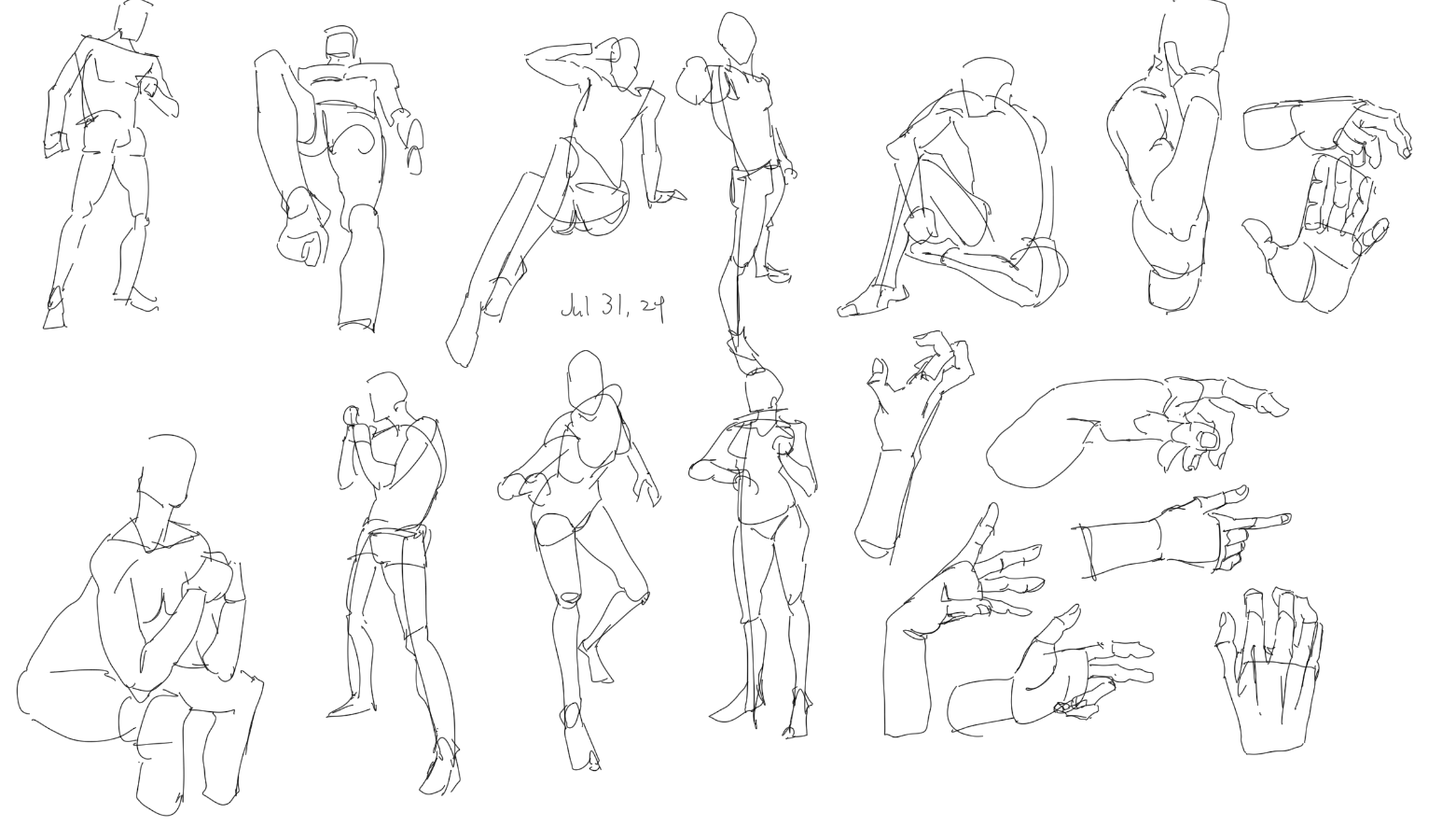 the image is a collection of figure drawing and gesture drawing sketches. the sketches depict various human body poses and hand gestures, focusing on capturing movement and form rather than detail. they are drawn in a loose, flowing style using simple lines.