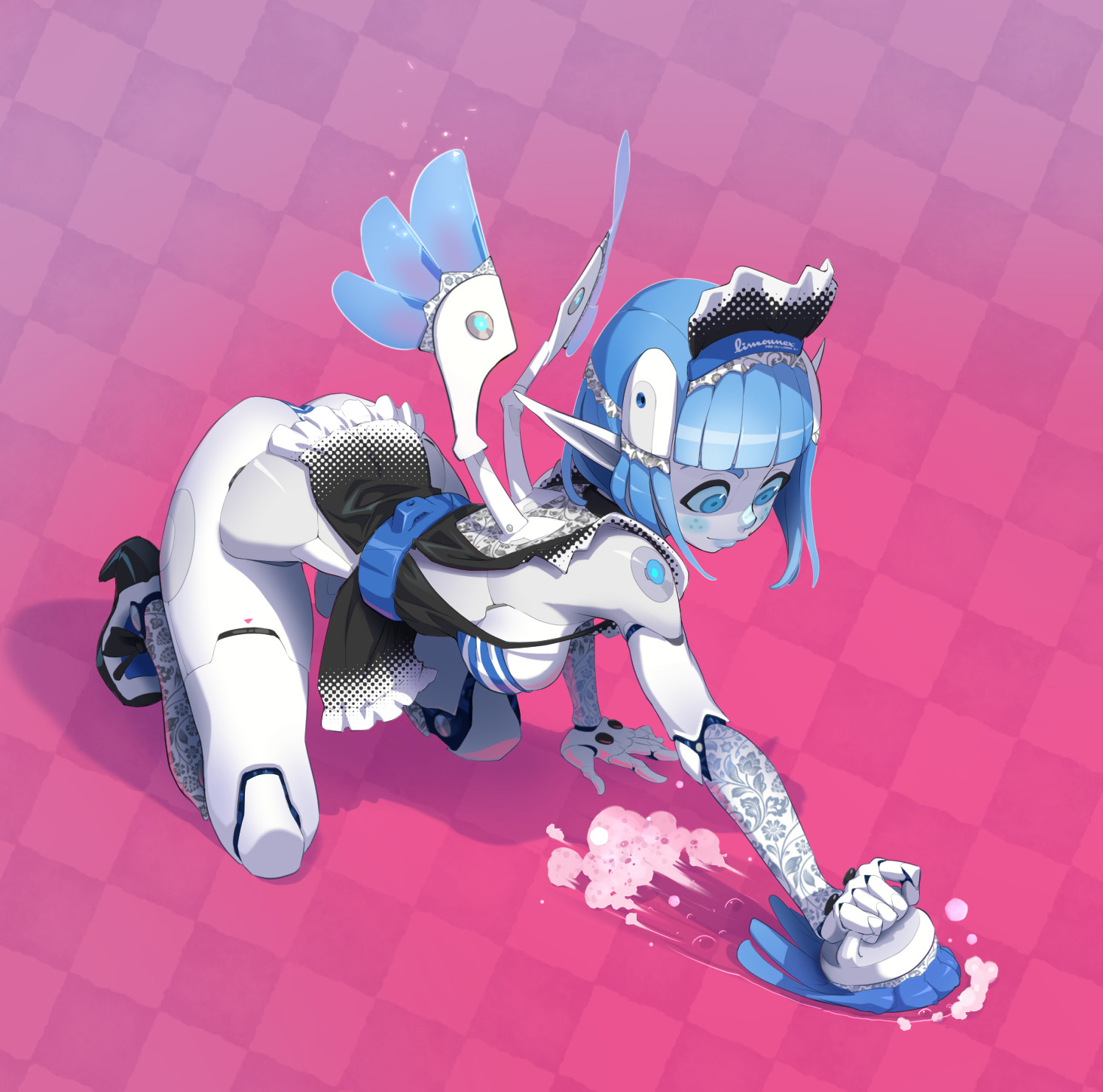 a digital illustration of a cute anime robot maid cleaning a pink and white checkered floor. she is dressed in a white and black maid outfit and has blue hair. she is holding a blue cleaning brush and cleaning foam is surrounding the brush.