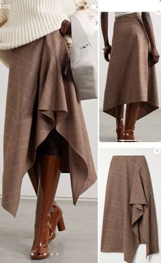 a woman is wearing a brown plaid skirt with an asymmetrical hemline. she's wearing brown boots and a brown sweater. the skirt is highwaisted and the hemline falls below the knee. the boots are highheeled and have a thick heel. the sweater is a relaxed fit and has a crew neckline. the woman is standing in a studio and she is looking away from the camera.