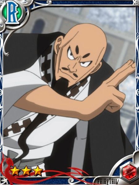 this is an anime character from fairy tail, it's a male with a bald head and black eyes. he is wearing a white shirt and black pants with a black belt, he is pointing with his right hand. his expression is serious and angry.