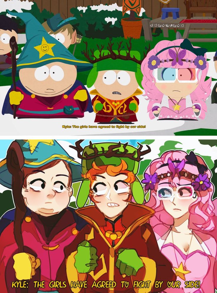 this image is a meme based on the show south park. in the top part, kyle and stan, dressed as wizards, are confronting a girl in a princess costume. they are surprised at something she said. in the bottom part, kyle and stan look shocked but have a smirk on their faces and say "the girls have agreed to fight by our side!" the meme is about a group of people getting surprised by the strength and willingness to fight for their cause of a seemingly weak opponent. the image is humorous and captures the essence of south park.