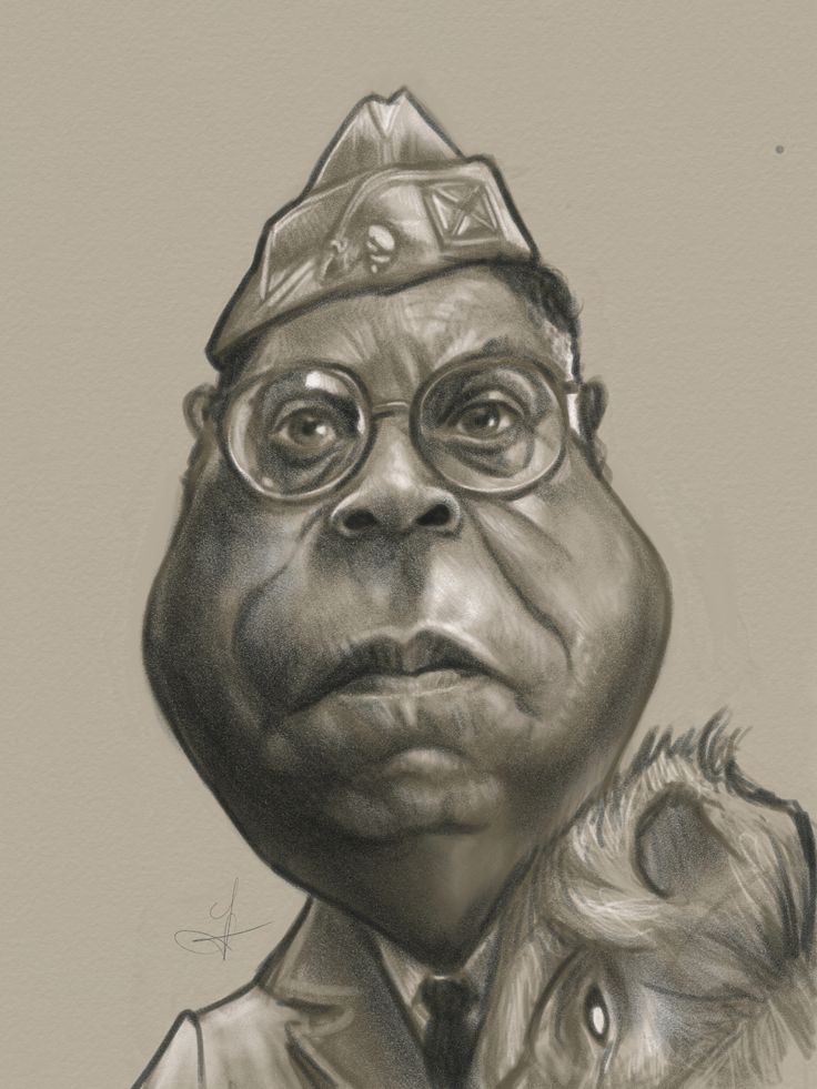 this is a charcoalstyle caricature of a man with round glasses and a militarystyle hat. he is wearing a suit and tie. he has a large face with prominent cheeks. a dog is sitting next to him, partially obscured.