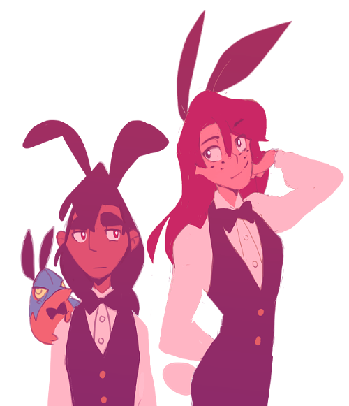 two anime characters dressed up as bunnies. they are wearing black suits and bowties. one of the characters is a girl with long, pink hair and a white shirt underneath her suit. the other character is a boy with dark hair and a dark shirt. both characters are wearing bunny ears.