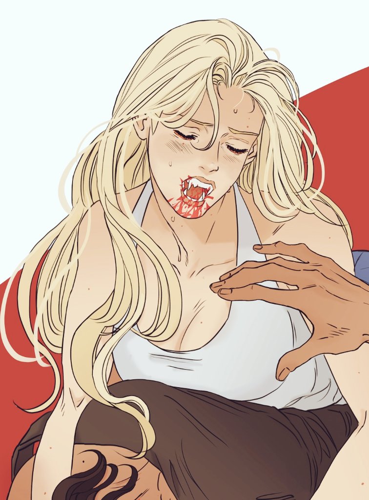an illustration depicts a blonde vampire woman with blood around her mouth and visible fangs. she is wearing a white top and appears distressed. a hand is placed on her chest. the background is red.