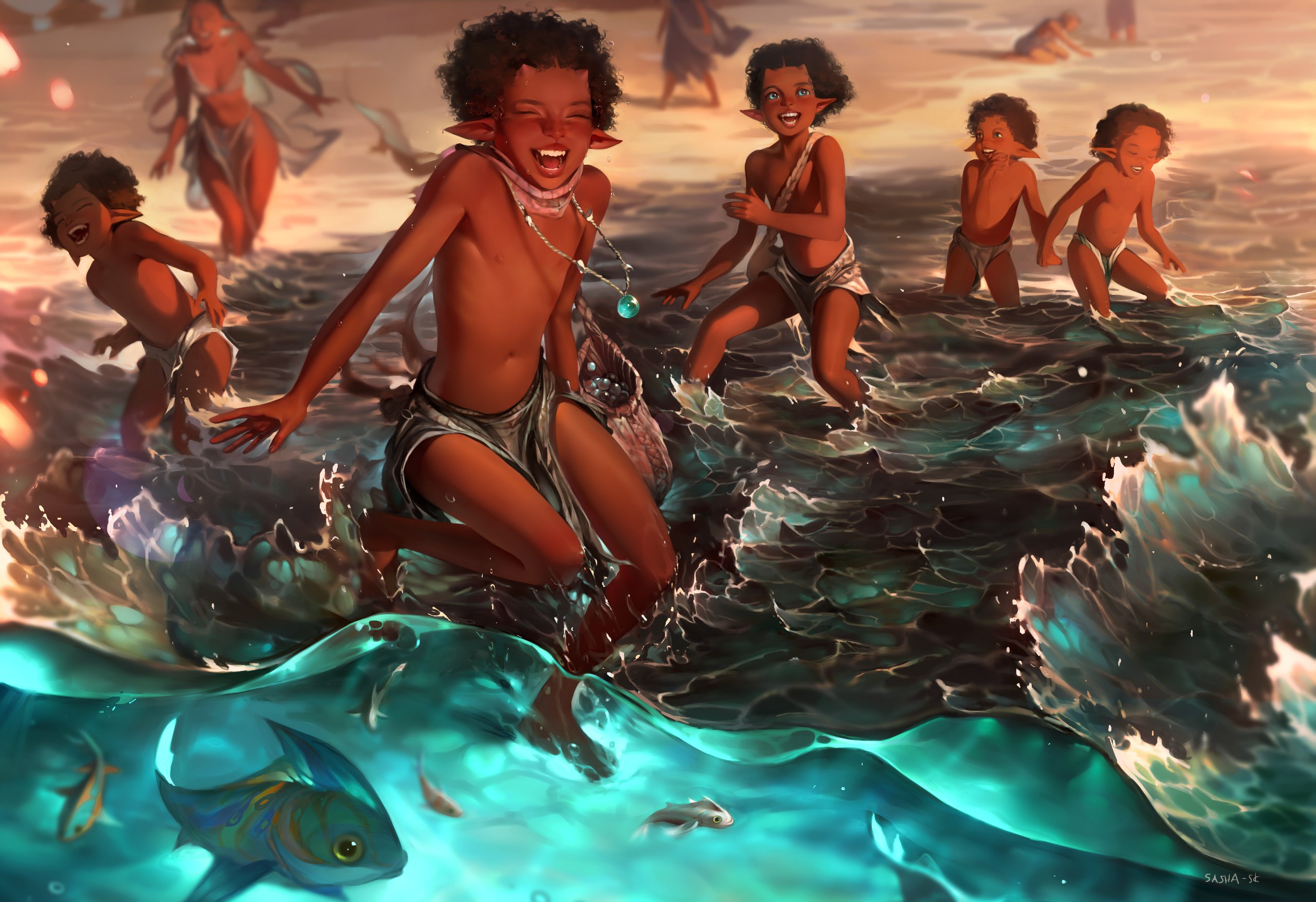 the image shows a group of five darkskinned children with curly hair and pointed ears playing in ocean waves on a beach. the children are all smiling and laughing, and they seem to be having a good time. the water is clear and blue, and there are fish swimming in it. the sun is setting in the background, casting a warm glow over the scene.