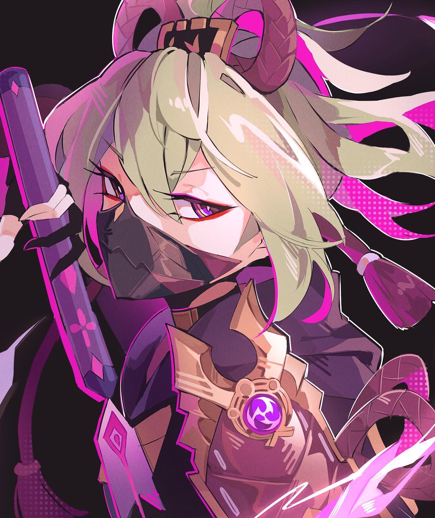 the image is a vibrant, stylized digital artwork depicting a female anime character, strongly resembling yae miko from genshin impact. she has long, flowing light green hair with hints of pink, adorned with onilike horns and elaborate braids.  the character is wearing a dark purple and gold armor with intricate details, and a dark mask covers the lower half of her face. she is holding a purple katana or sword with a distinctive design. the overall color palette is dominated by shades of purple and pink, creating a striking and visually appealing effect. the artistic style is dynamic and expressive, with strong lines and bold colors. the character appears powerful and mysterious.