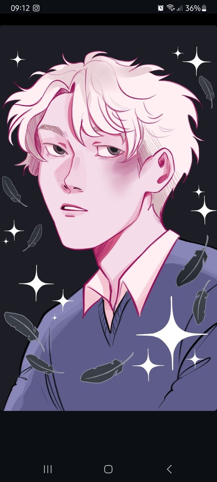 a digital illustration of a young man with styled white hair against a dark background. he has a light complexion with pink undertones. he is wearing a vneck collared shirt. surrounding him are stylized black feathers and white sparkles. the overall feel of the image is soft and dreamy.