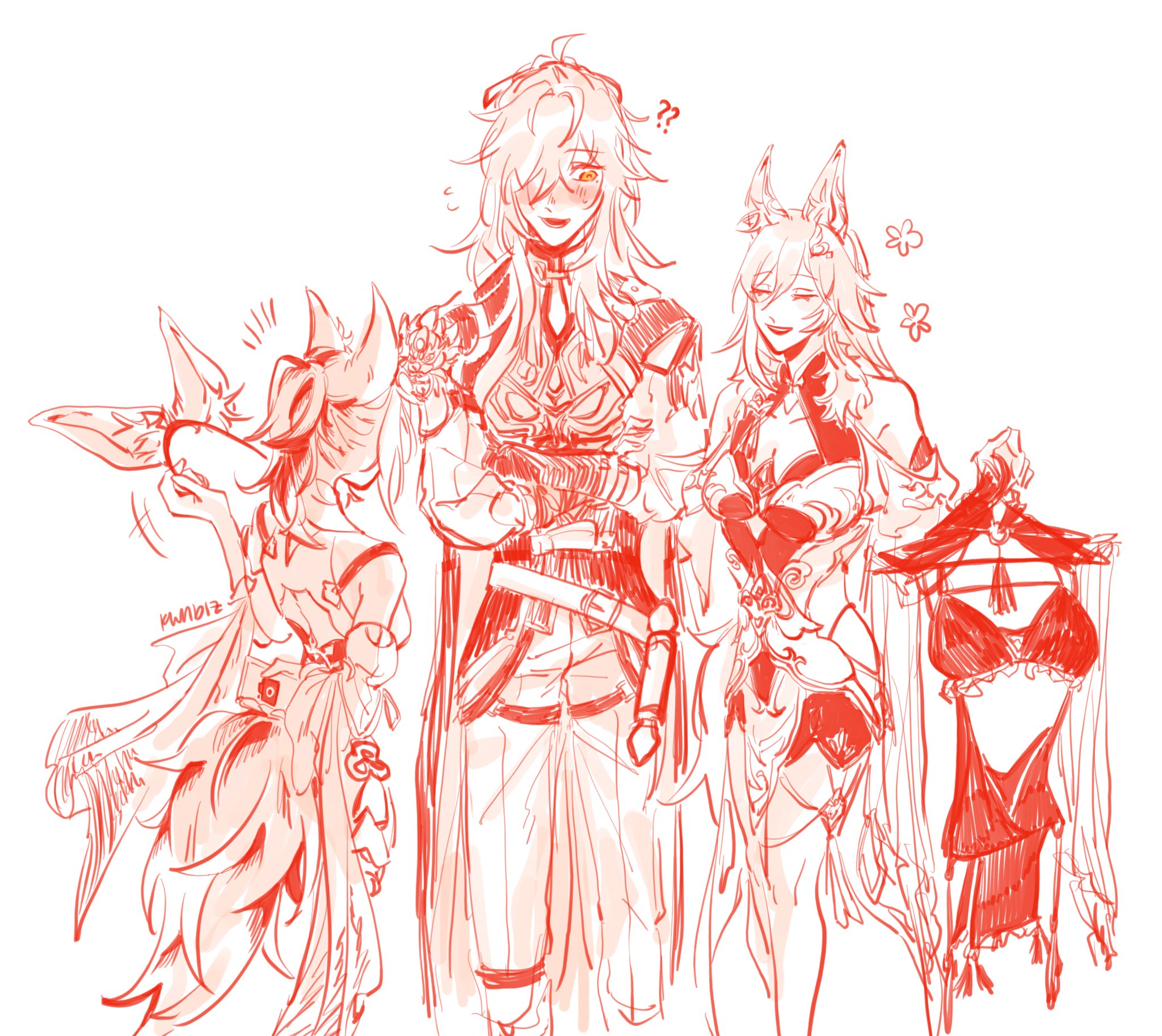 this is a drawing of three anime characters. the first character is in the center, tall and male with long white hair and a crown. he's wearing a fancy outfit, a belt with a sword attached and a long cape. the second character is to the left, shorter than the first character and female, also with white hair and a cute outfit with a ribbon around her neck. she's facing left looking at the first character. the third character is to the right and is female with long black hair and a dress. she's holding a hanger with another dress hanging on it. she's smiling and looking at the first character. the drawing is in red and white and has a lot of detail. it seems like they're having a conversation and there's a subtle humor to it.