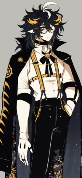 an anime character with black and white hair is shown in a black jacket with gold accents, yellow suspenders, white button up shirt, a bowtie and black pants. he is wearing glasses and looking to the left.  he is standing and looks like he is very fashionable.