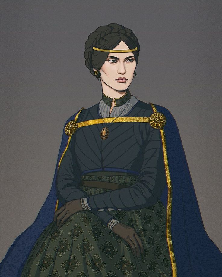 the image is a digital painting depicting a woman, possibly a queen or princess, dressed in elaborate medievalstyle clothing. she is seated and wears a dark teal/blue gown with an ornate green and gold patterned skirt.  her top is a dark blue bodice with gold detailing, and she wears a gold headband or tiara and a matching necklace with a pendant. a dark blue cape with gold trim is draped over her shoulders. her dark hair is styled in a braided updo. she has a serious, almost pensive expression. the overall style is elegant and detailed, suggesting a character from fantasy or historical fiction. the background is a plain, muted grey.