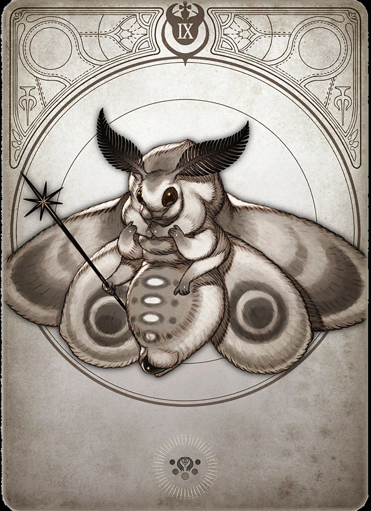 this is a tarot card illustration. it has a vintage feel with a decorative border.  the card depicts a fluffy moth with big black eyes holding a magic wand.  the moth is centered within a circle that dominates the composition.  the roman numeral 'ix' is visible at the top. the color palette is muted with various shades of brown and cream.