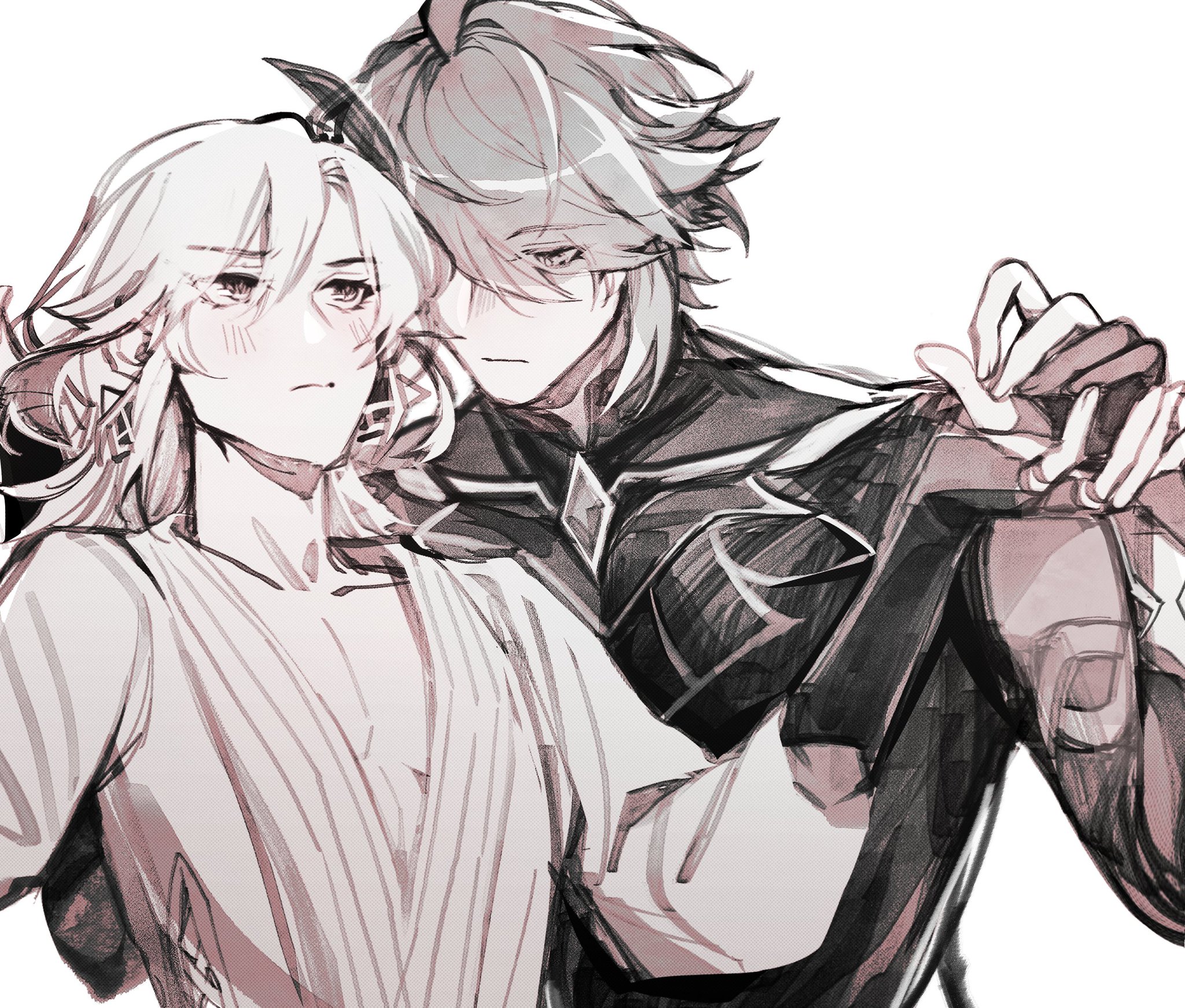 this is a black and white sketch of two anime/manga characters. they are a male couple, both handsome and drawn in a very elegant and romantic way. the character on the left is wearing a white outfit while the other is wearing a black one, creating a strong contrast. the character on the left is holding the hand of the other who has a hand on the character on the left's shoulder. they are looking into each other's eyes and their bodies are close together, suggesting a romantic and passionate relationship.