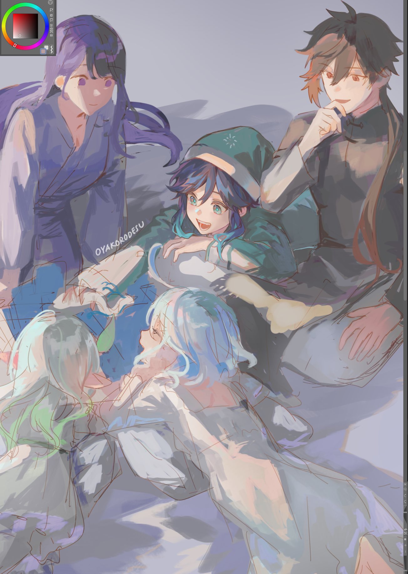 an image of five anime characters; four girls and one boy are sitting together on a grassy hill. the girls are all smiling and happy, while the boy is looking at the camera with a neutral expression. the background is a soft, pastel color with a light blue sky. the characters are all drawn in a cute and stylized manner. the overall feeling of the image is one of joy and friendship.