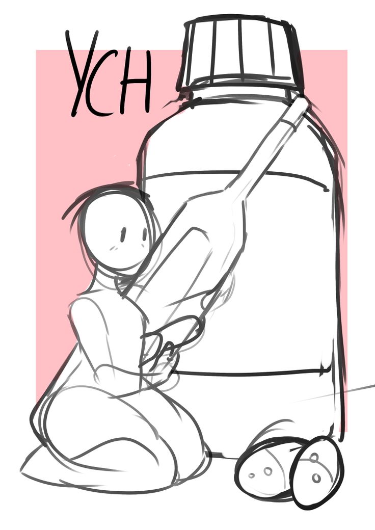 a digital sketch of a ych (your character here) with a character kneeling in front of a large bottle, holding a large pill. the bottle has a cap with multiple rings. there are two pills in the lower right corner of the image.  the sketch is made up of black lines on a white background.
