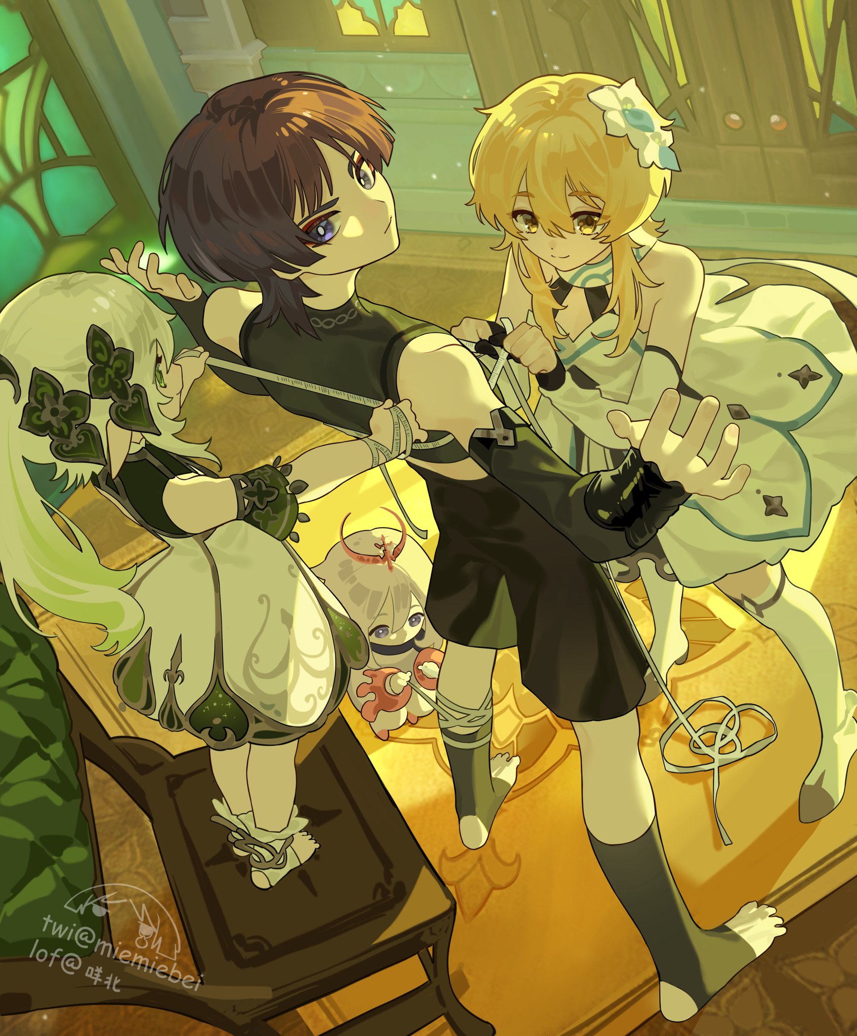 this is a digital illustration of three anime girls. the image shows three young girls with bright, large eyes, colorful attire and colorful hair. the girls are in a room with bright yellow floors and white walls.  the image is animated and depicts a fantasy world, with the girls' outfits and hair suggesting a magical world. the girls appear to be in a playful mood, laughing and engaging in some type of game.