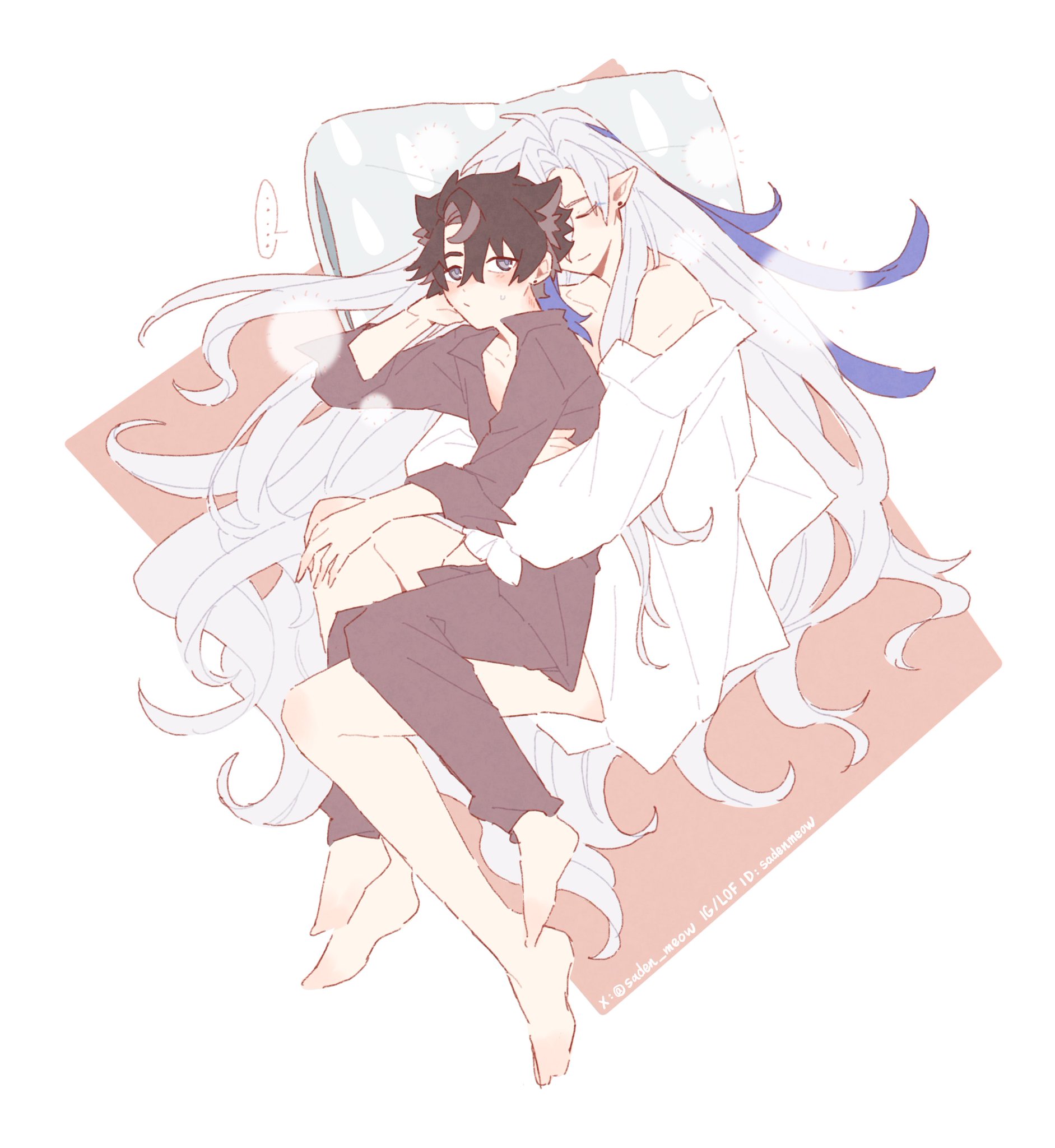 he image is a lovely animestyle illustration of a couple cuddling in bed. the girl has long, flowing white hair and elflike ears, while the boy has shorter, dark hair and cat ears. they are embracing each other tenderly, their legs intertwined. the art style is soft and pastel, conveying a sense of warmth and intimacy. the overall mood is peaceful and romantic.