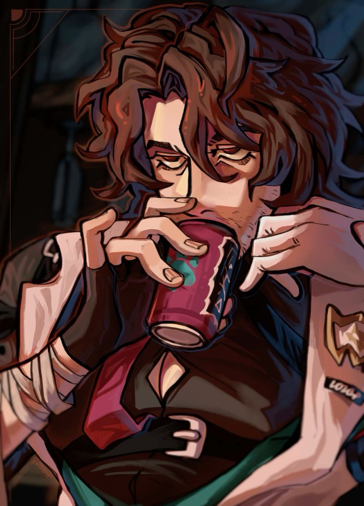 the image is a digital painting or illustration of a male character, seemingly fanart based on a video game or similar media.  he has long brown hair, stubble, and what appears to be a scar under his eye. he's wearing dark clothing, a sort of jacket or vest, with bandages on his arms. his expression is serious and slightly weary. he is holding and drinking from a soda can. the style is stylized and reminiscent of anime or manga art, with strong lines and dramatic lighting and shading. the background is dark and indistinct, focusing attention on the character.  a subtle design or tattoo is visible on his lower arm.