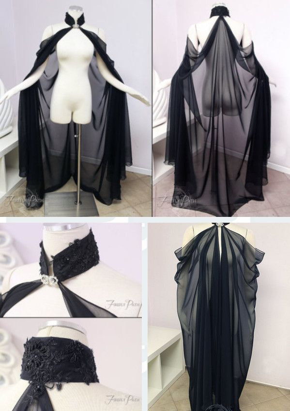 the image shows a black sheer cape with a lace trim collar. the cape is shown in different views and poses on a mannequin. the cape is made of chiffon and has a delicate, flowing appearance. the lace trim collar adds a touch of elegance to the cape. the rhinestones add a touch of sparkle to the cape.
