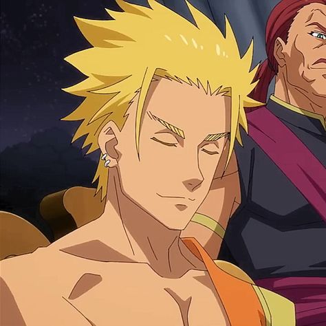 a closeup image of an anime character with spiky blond hair and an earring, smirking slightly with his eyes closed. he has fair skin and appears to be shirtless, with an orange cloth draped over his left shoulder. the background is dark, and a person with dark hair and a purple shirt is partially visible behind him on the right side of the image.