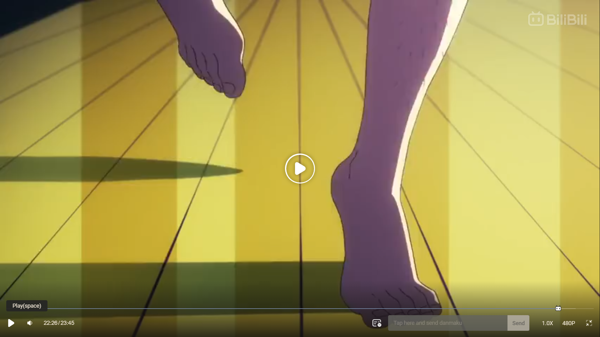 the image shows a pair of animated feet walking down a bowling lane, captured from a firstperson perspective. the feet seem to be bare. the lighting suggests an indoor setting. the screenshot implies a video is being played, evident from the video player interface at the bottom. ```
