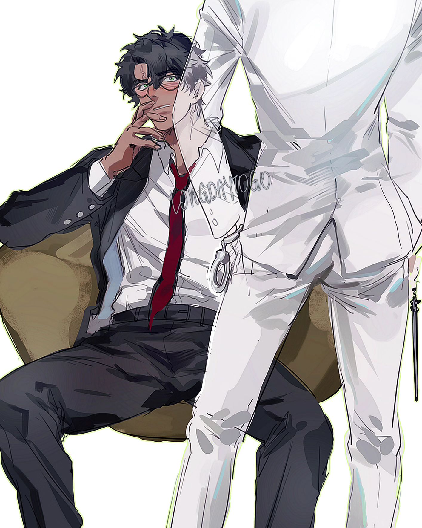 two men are seen in this illustration, with one standing behind the other who is seated. the man sitting in the chair is wearing a black suit with a white shirt and a red tie, with a hint of a white dress shirt beneath. he also wears glasses. he has his hand on his chin, with his arm resting on the back of the chair. the man standing behind him is wearing a white suit with a